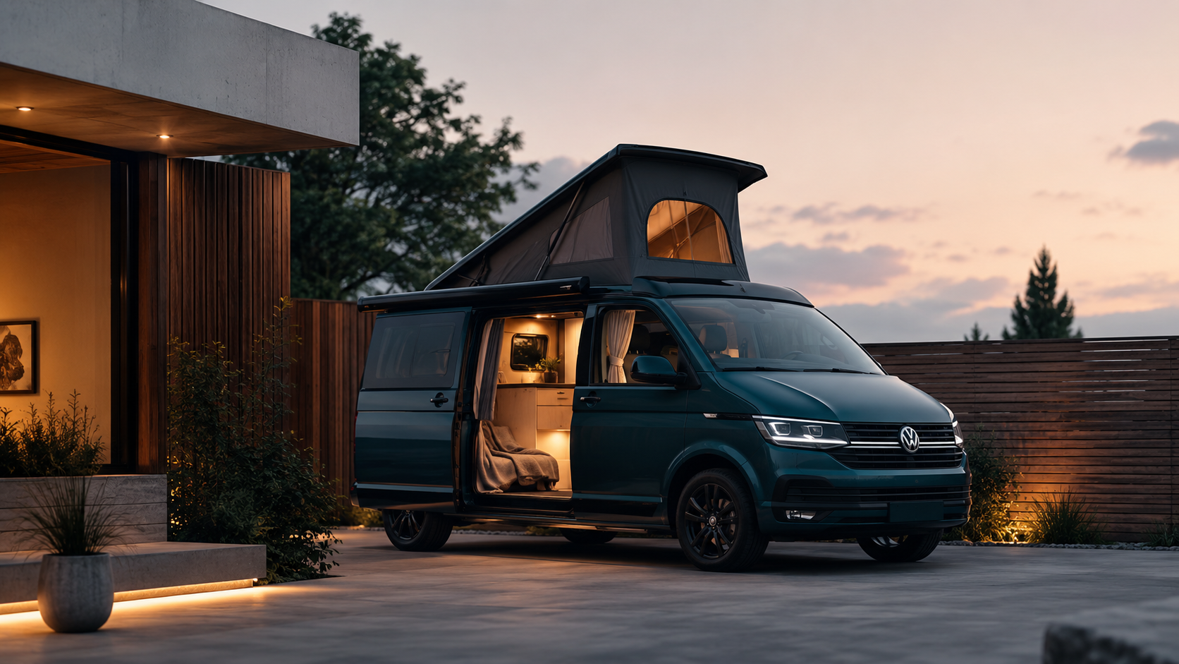 Camper parked beside a modern home at dusk