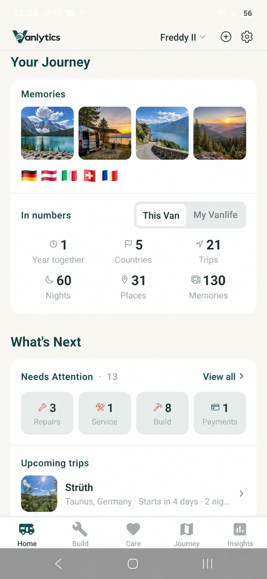 Vanloom Home screen showing Your Van and Your Journey at a glance.