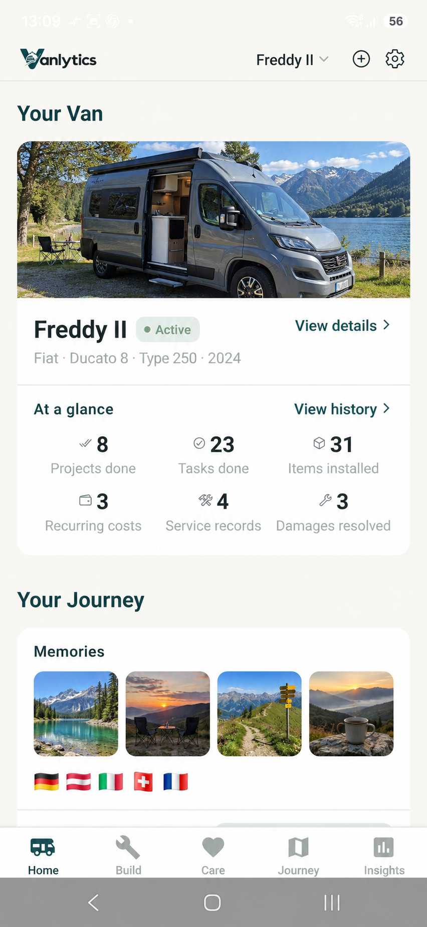Vanloom home screen showing the van overview, key stats at a glance, and recent journey memories