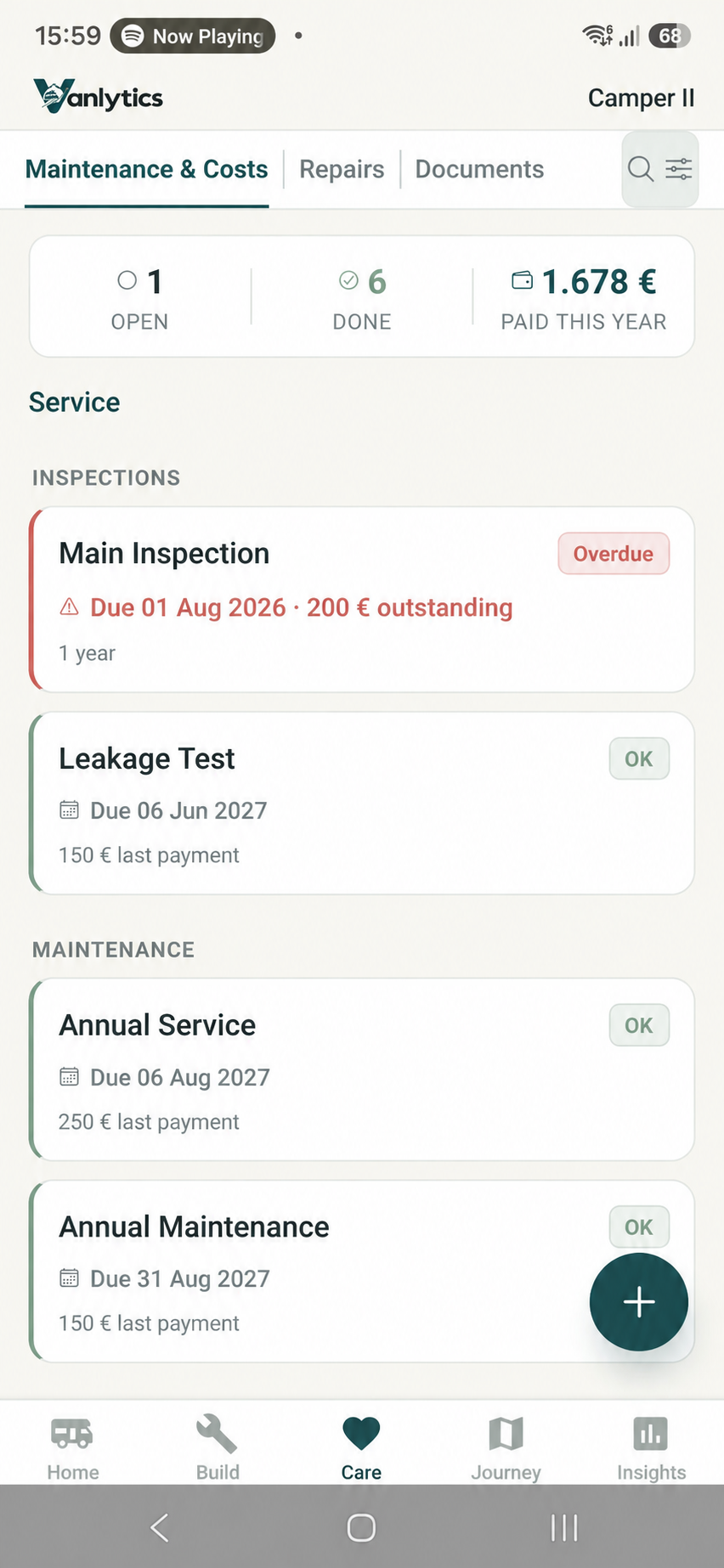 Vanloom Maintenance & Costs screen.