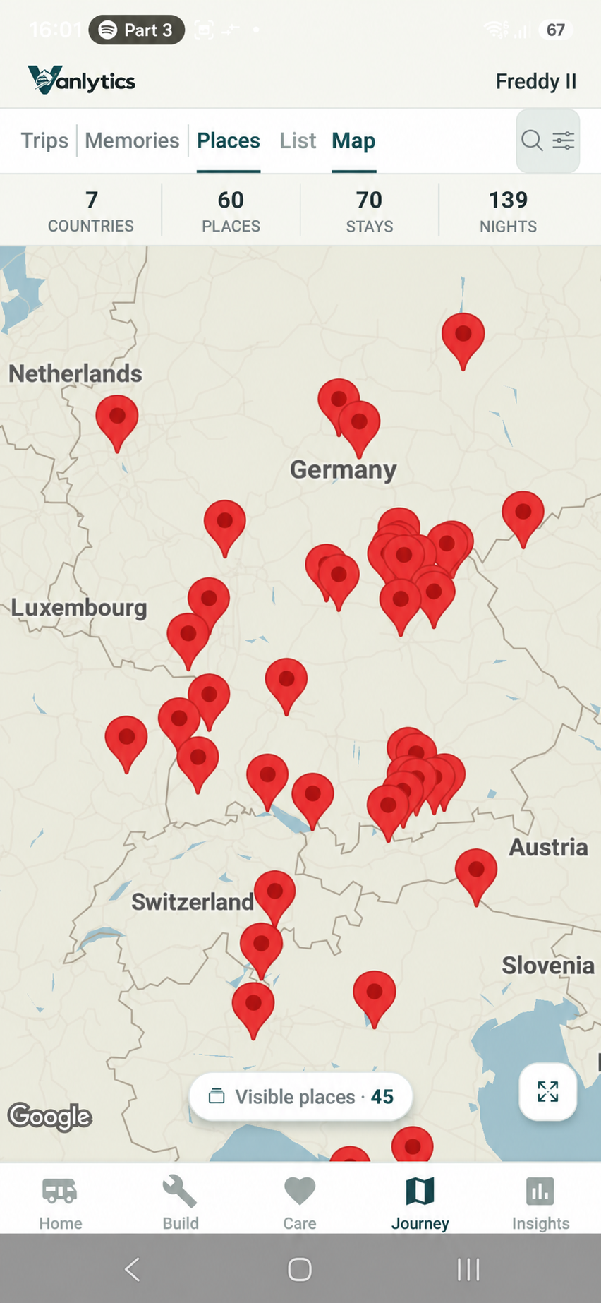 Vanloom Places map view — visited places and stays come together on one map