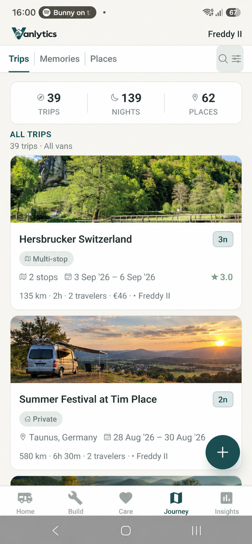 Vanloom Trips screen.